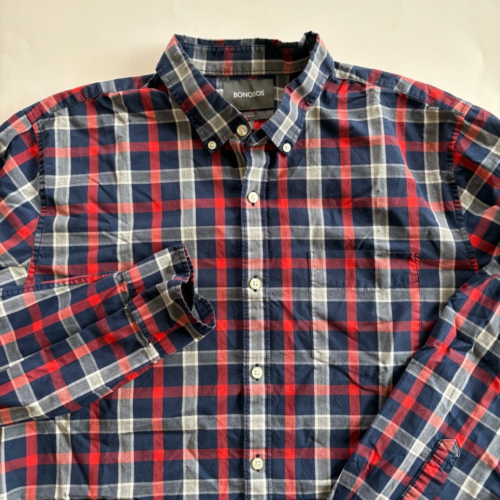 Bonobos Men's XL Slim Fit Navy‎ Red Plaid Long Sleeve Cotton Button Up Shirt